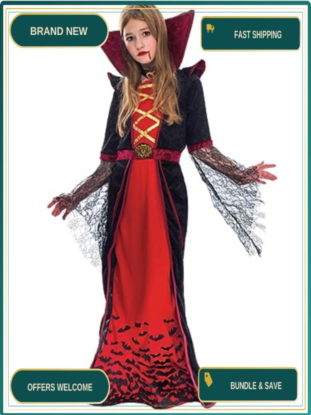 Girls Royal Vampire Costume Deluxe Set Dress Choker Halloween